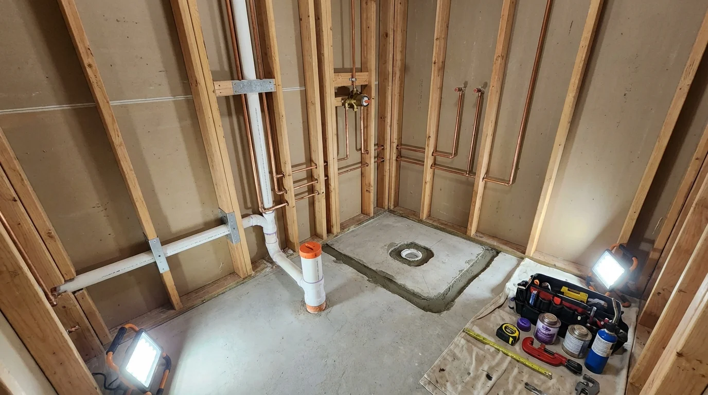 Bathroom rough-in plumbing during remodel by Johns Plumbing LLC in Powder Springs