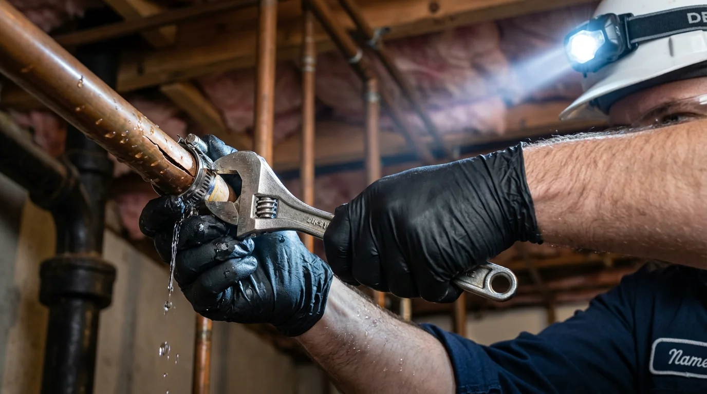 Emergency pipe clamp repair being performed by a Johns Plumbing LLC plumber in Powder Springs