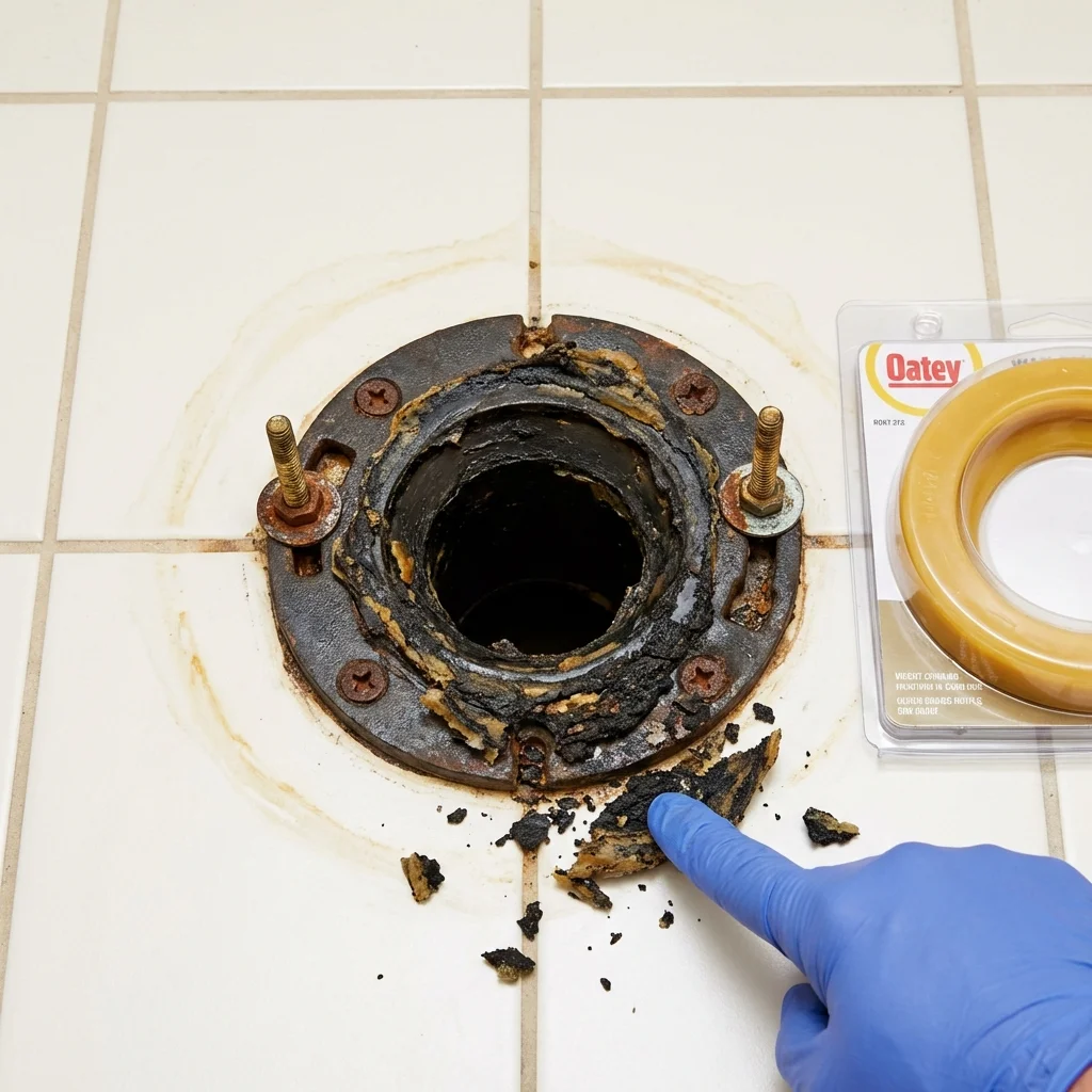 Failed wax ring showing water seepage at the base of a toilet in a Powder Springs, GA home