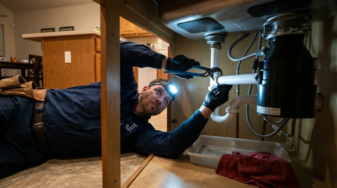 P-trap and supply line connections under a kitchen sink showing a common leak point in Powder Springs, GA